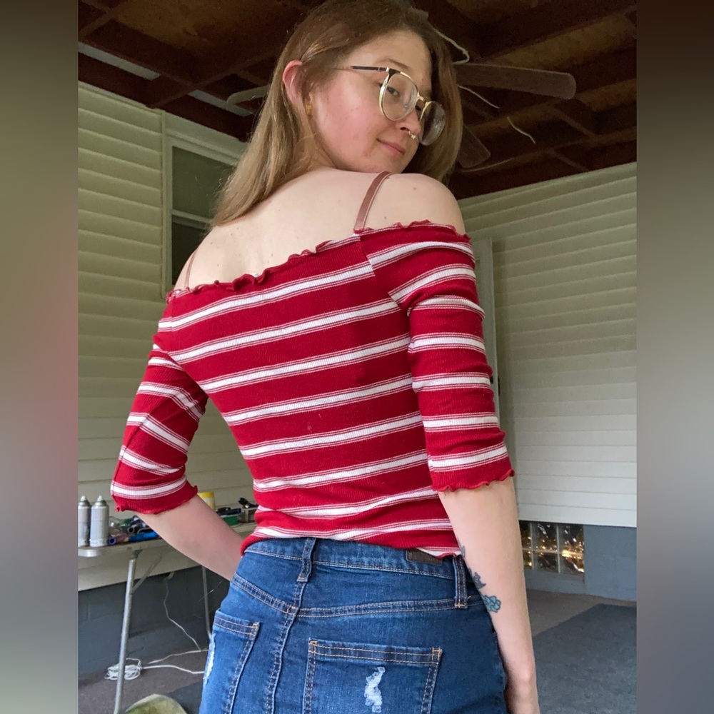 Women’s Red Off the Shoulder Striped Crop Top
